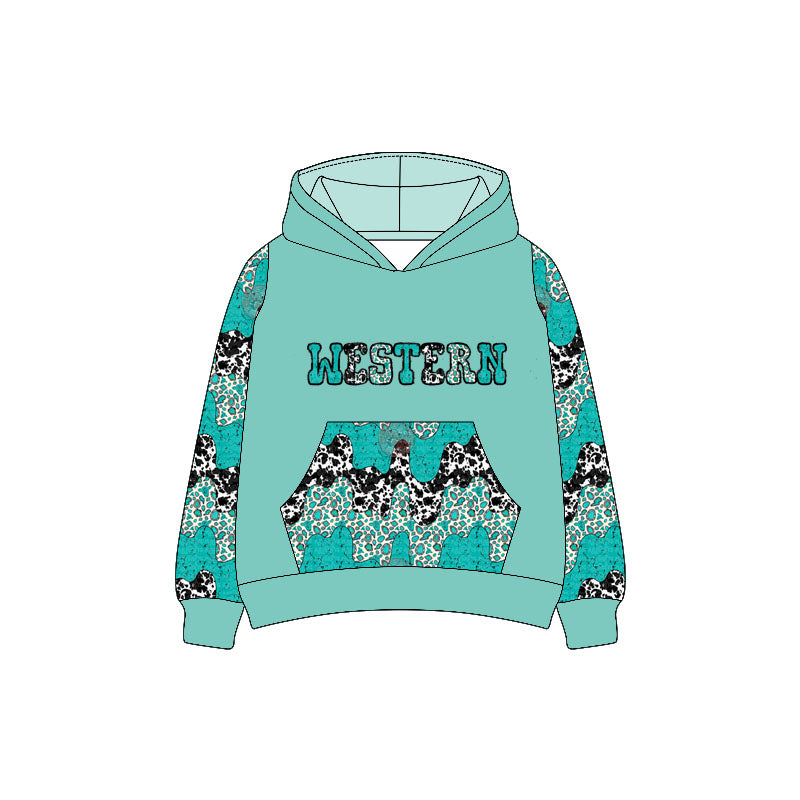 Preorder (moq 5)Baby Boys Long Sleeves Green Western Cow Print Pocket Hoodies Top