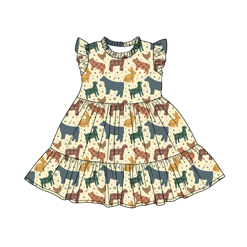 Preorder (moq 5)Baby Girls Flutter Sleeve Flower Animals Patchwork Knee Length Dresses