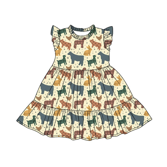 Preorder (moq 5)Baby Girls Flutter Sleeve Flower Animals Patchwork Knee Length Dresses
