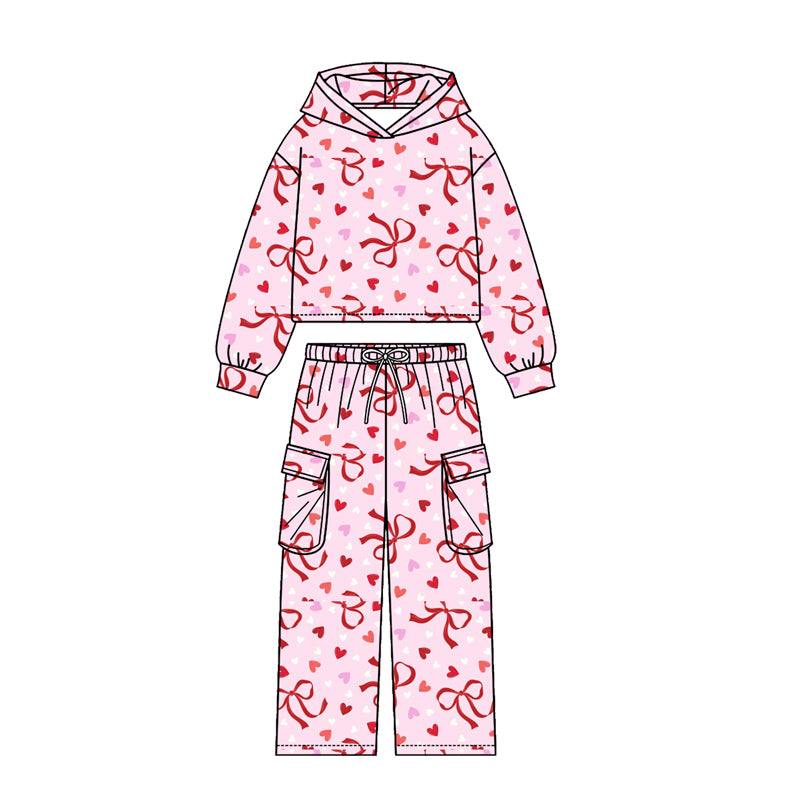 Preorder (moq5) Girls Valentine Heart Kiss Print Hoodie Pockets Joggers Team Clothes Set