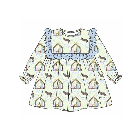 Preorder (moq 5)Baby Girls Long Ruffle Sleeves Orange Green Ghost Pumpkins Plaid Knee Length Dresses