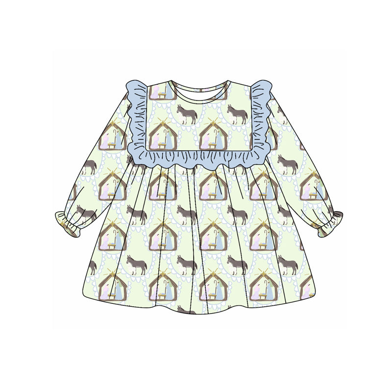 Preorder (moq 5)Baby Girls Long Ruffle Sleeves Orange Green Ghost Pumpkins Plaid Knee Length Dresses