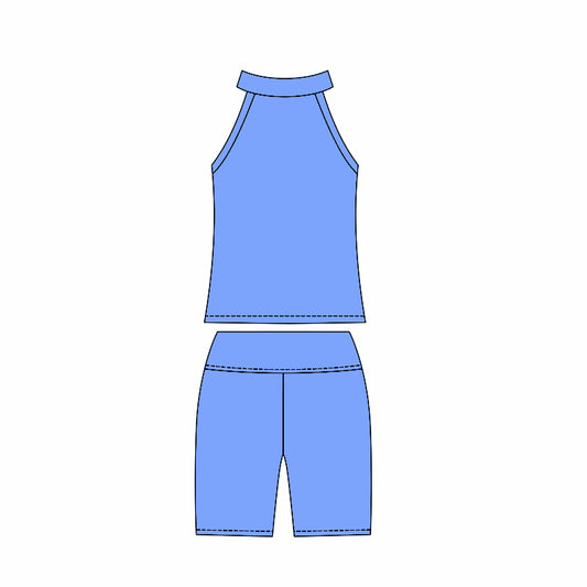 Preorder moq 10 Baby Girls Blue Sleeveless Activity Wear Vest Top Biking Shorts Yoga Set