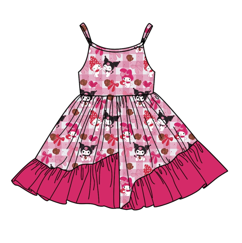 Preorder (moq 5)Baby Girls Strap Pink Plaid Cartoon Bunny Bows Ruffle Knee Length Dresses