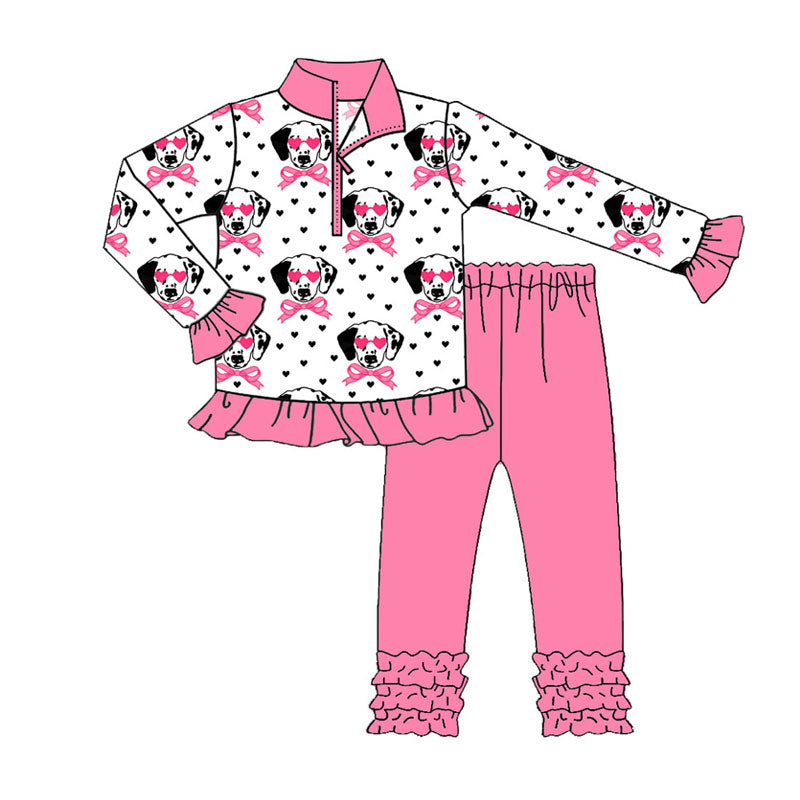 Preorder (moq 5)Baby Girls Valentine Hearts Dogs Bows Zipper Pullover Ruffle Leggings Clothes Sets