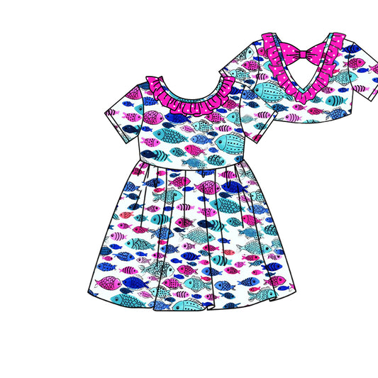 Preorder (moq 5)Baby Girls Colorful Fishes Back Bow Knee Length Dresses