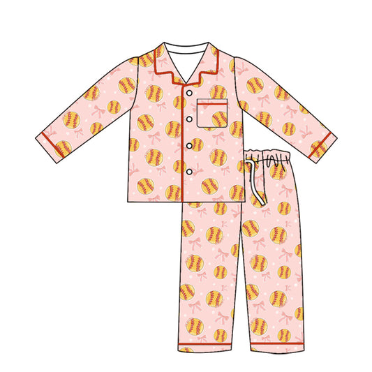 Preorder (moq 5)Baby Girls Bows Softballs Button Pocket Top Pant Team Pajamas Sets