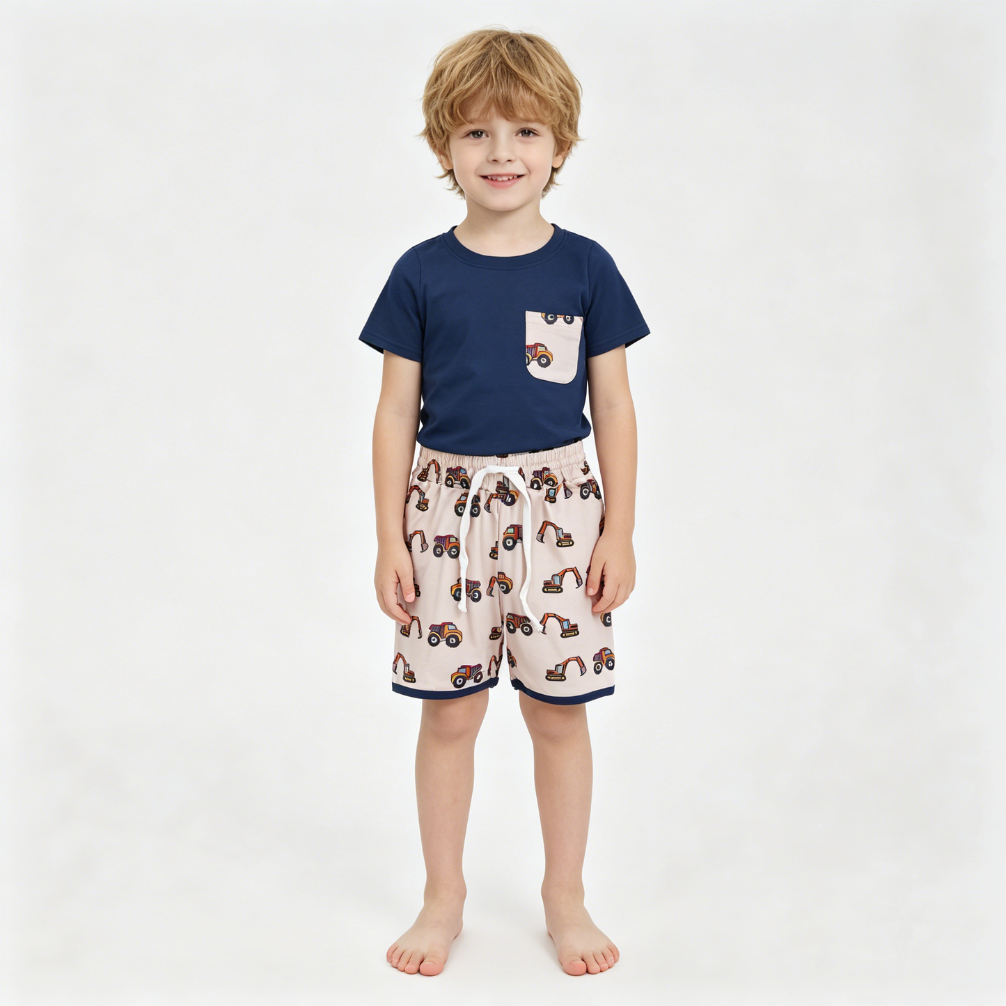 Baby Boys Navy Shirts Pocket Top Excavators Shorts Clothes Sets