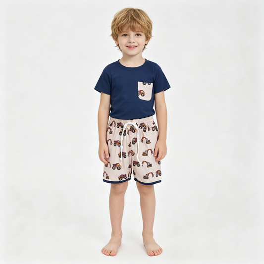 Baby Boys Navy Shirts Pocket Top Excavators Shorts Clothes Sets