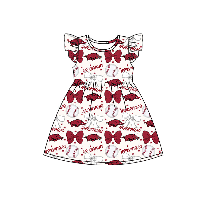 Preorder (moq 5)Baby Girls Flutter Sleeves Baseballs Bows Arkansas Team Knee Length Dresses