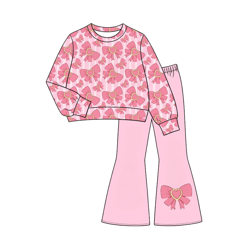 Preorder(moq 5) Baby Girls Pink Heart Bows Top Flare Pant Valentines Clothes Sets