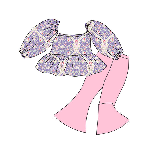 Preorder (moq 5)Baby Girls Pink Rabbits Floral Ruffle Tunic Bell Bottom Pants Easter Clothes Sets