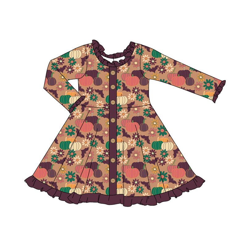 Preorder (moq 5)Baby Girls Purple Long Ruffle Sleeves Button Pumpkins Flowers Knee Length Dresses
