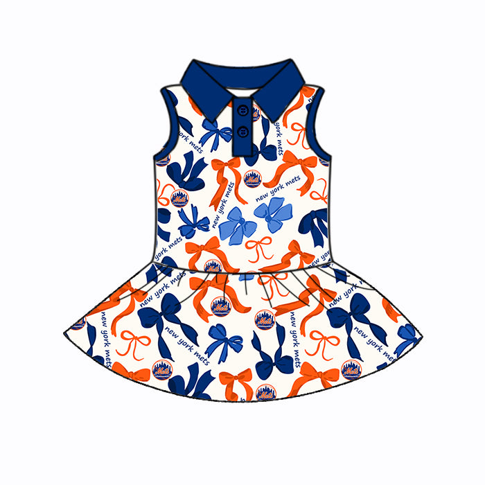 Preorder (moq 5)Baby Girls Blue Orange Bows Plaid New York Mets Button Team Knee Length Dresses