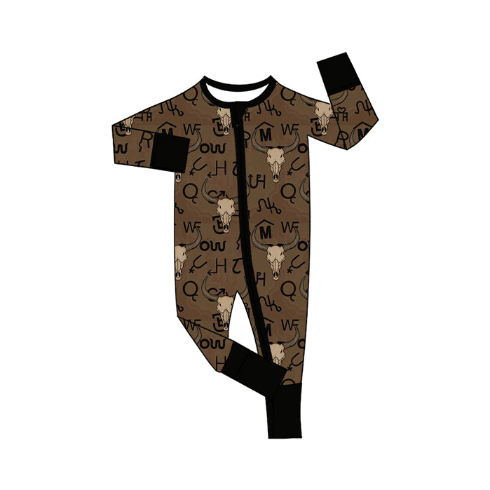 Preorder (moq 20)Baby Boys Bamboo Bull Skulls Letters Western Two Way Zip Convertible Rompers