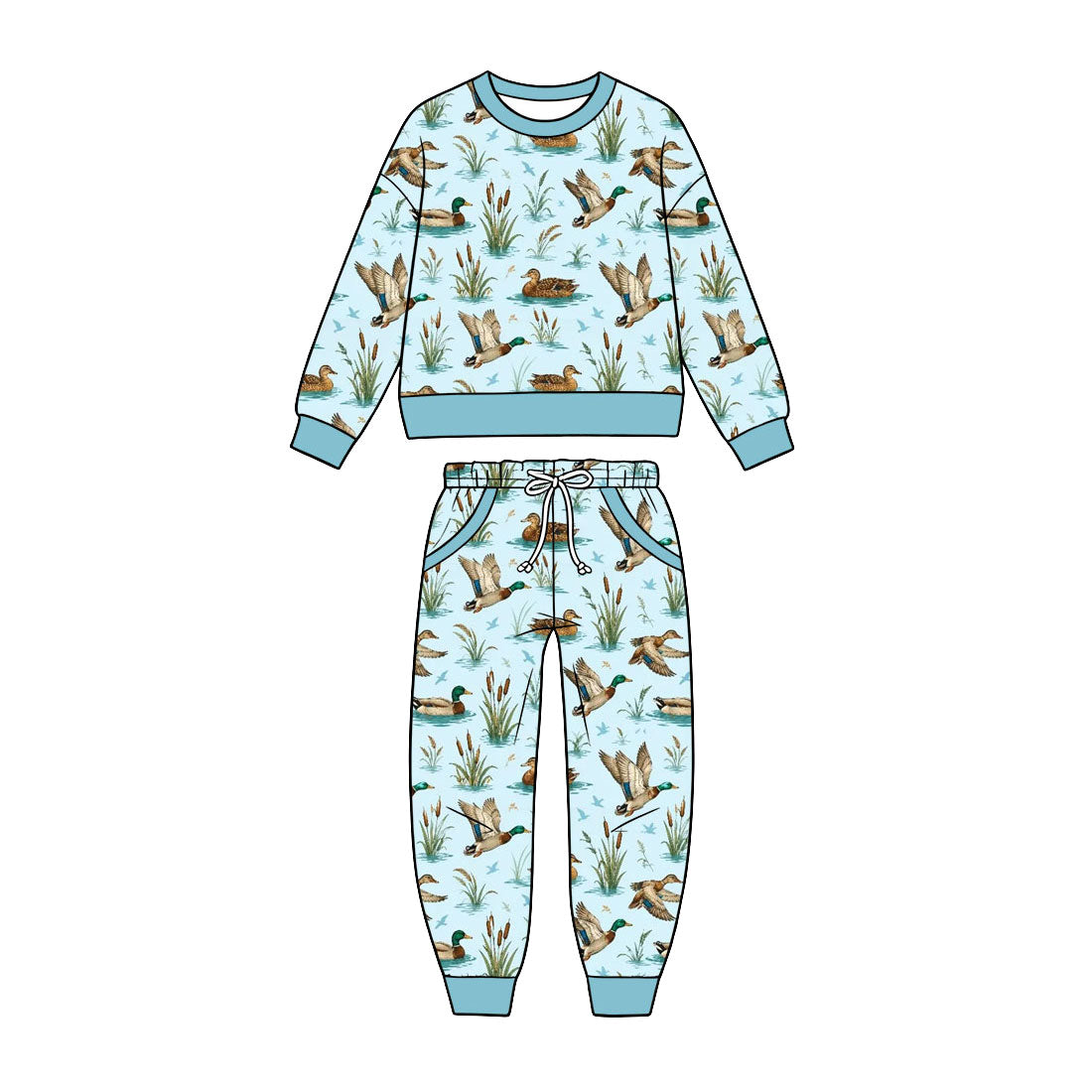 Preorder (moq 5) Baby Boy Blue Duck Wetland Cattail Print Long Sleeve Sweatshirt Jogger Pant Set