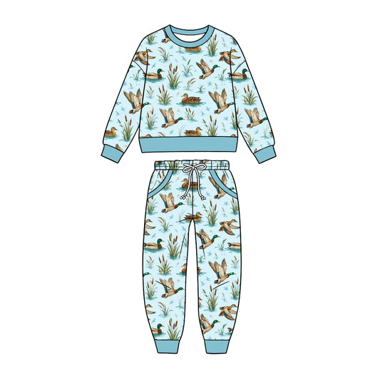 Preorder (moq 5) Baby Boy Blue Duck Wetland Cattail Print Long Sleeve Sweatshirt Jogger Pant Set