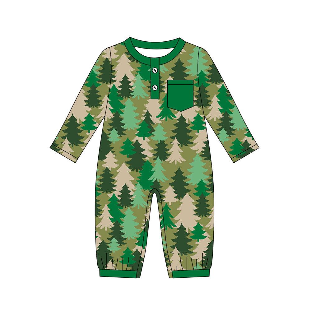 Preorder (moq 5)Baby Boys Long Sleeve Green Trees Fall Button Pocket Rompers