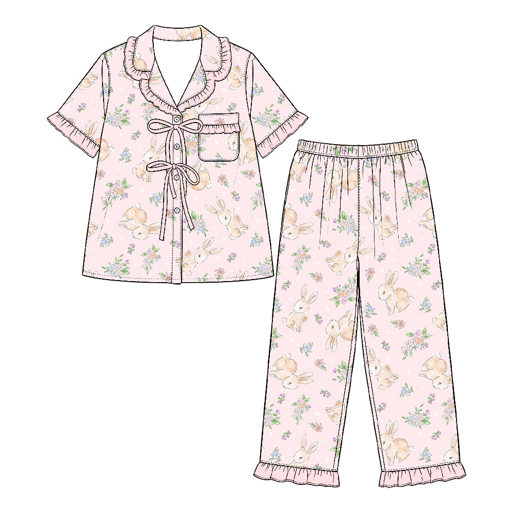 Preorder (moq 5) Baby Girl Clothes Watercolor Bunny Floral Mixed Print Short Sleeve Ruffle Pajama Set