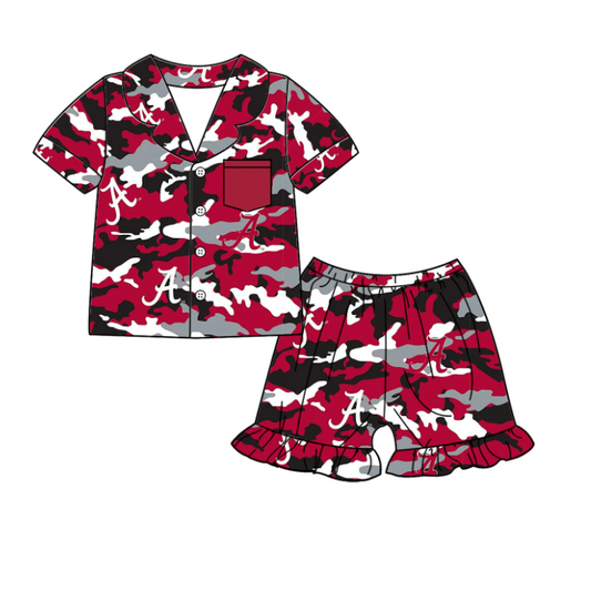 Preorder (moq 5)Baby Girls Short Sleeves Red Camo Button Pocket A Top Ruffle Shorts Team Pajamas Set