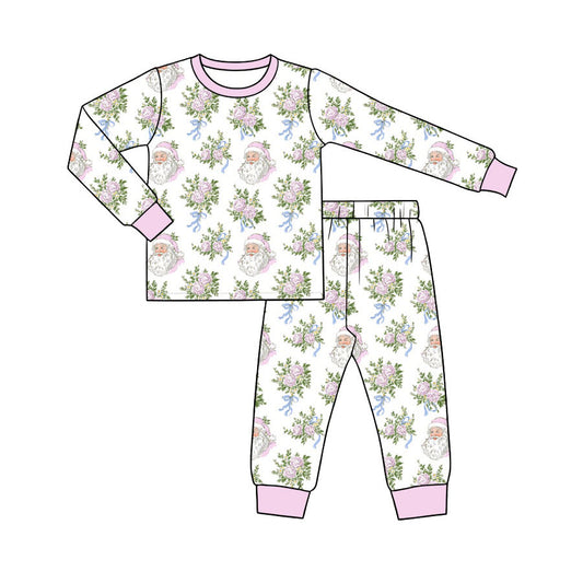 Preorder (moq 5)Baby Girls Santa Flowers Bows Top Pants Christmas Pajamas Sets