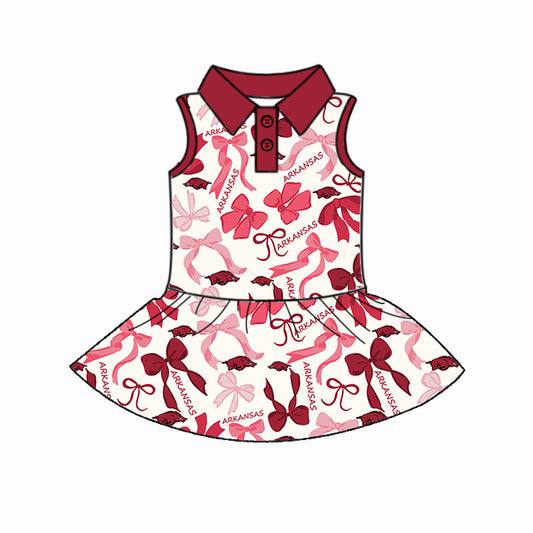 Preorder (moq 5)Baby Girls Sleeveless Red Bull Bows Plaid Button Team Knee Length Dress