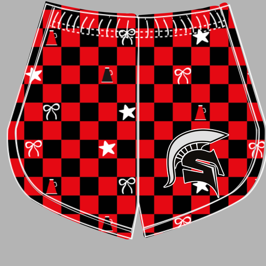 Preorder (moq 5)Baby Girls Black Red Checked Spartans Cheer Team Shorts Bottoms