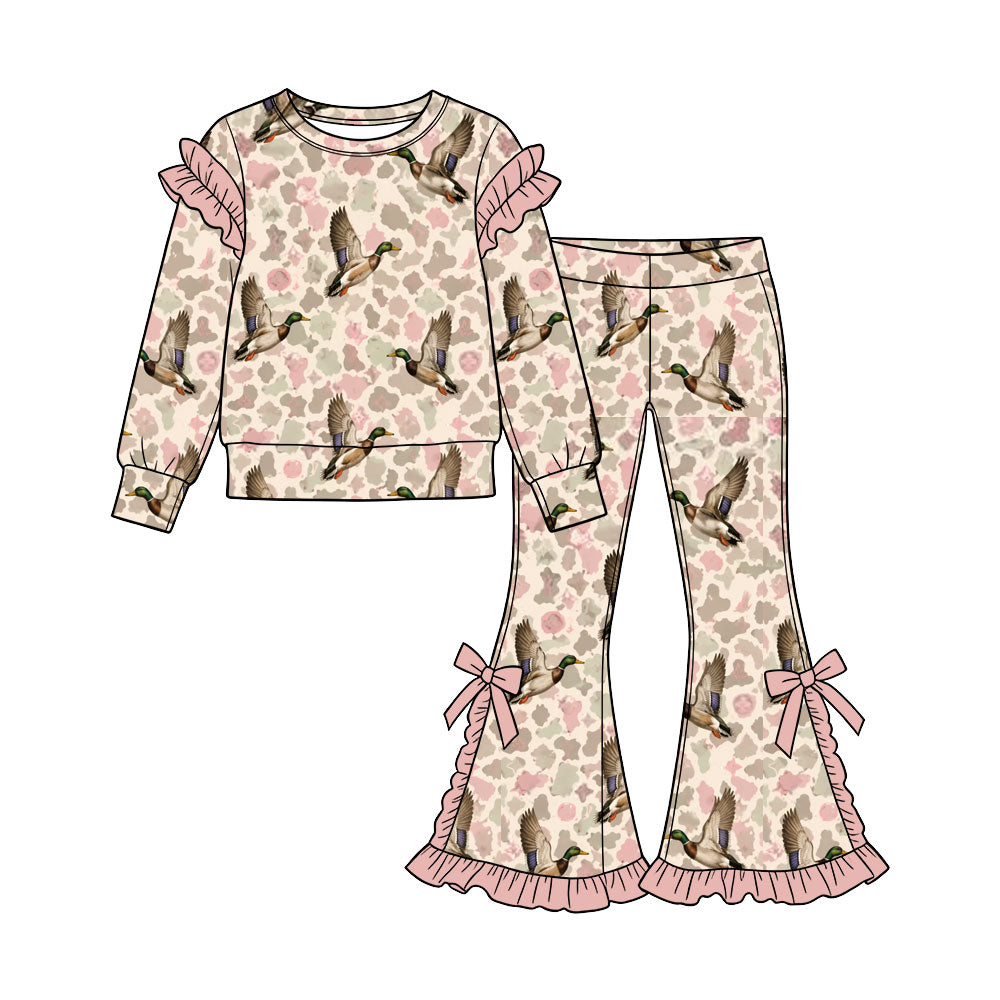 Preorder (moq 5) Baby Girl Clothes Pink Cow Print Mallard Duck Print Long Sleeve Ruffle Top Flare Pant Set