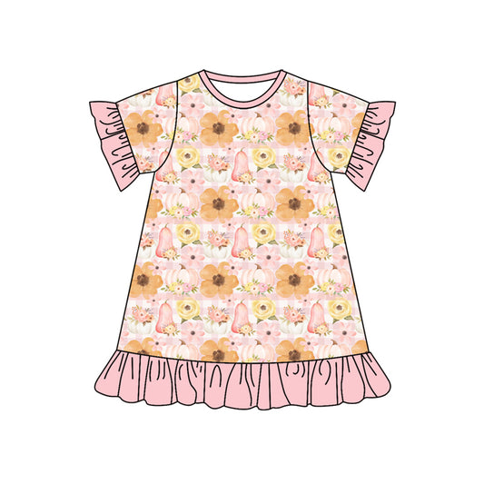 Preorder (moq 5)Baby Girls Short Ruffle Sleeves Flowers Pumpkins Knee Length Dresses