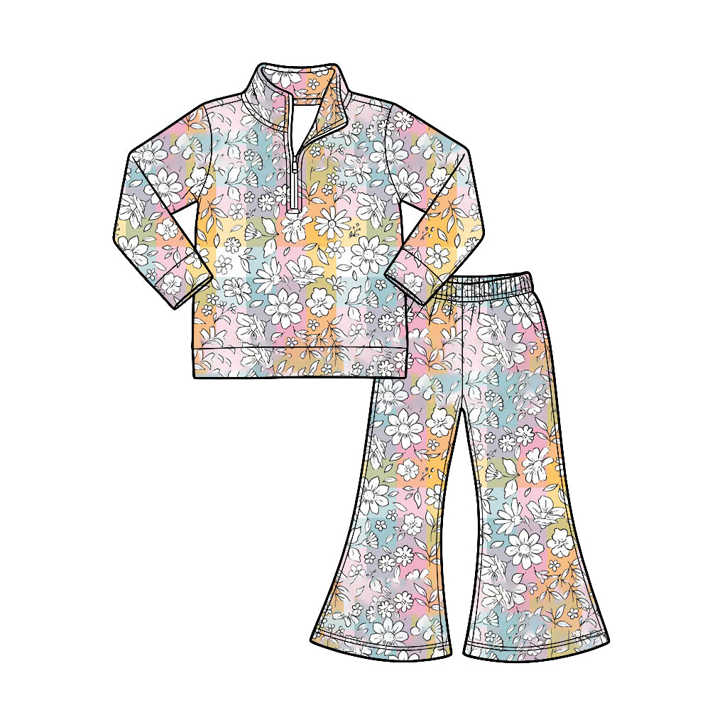 Preorder (moq 5) Baby Girl Clothes Pastel Plaid Sketch Daisy Print Half Zip Top Flare Pants Set