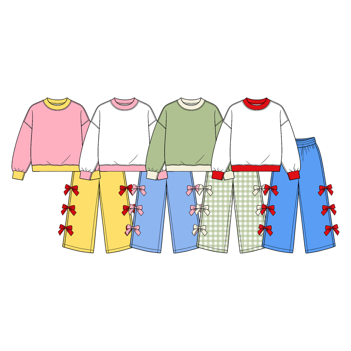 Preorder (moq 5) Baby Girl Clothes Solid Color Contrast Cuff Bow Accent Long Sleeve Wide Leg Pant Set