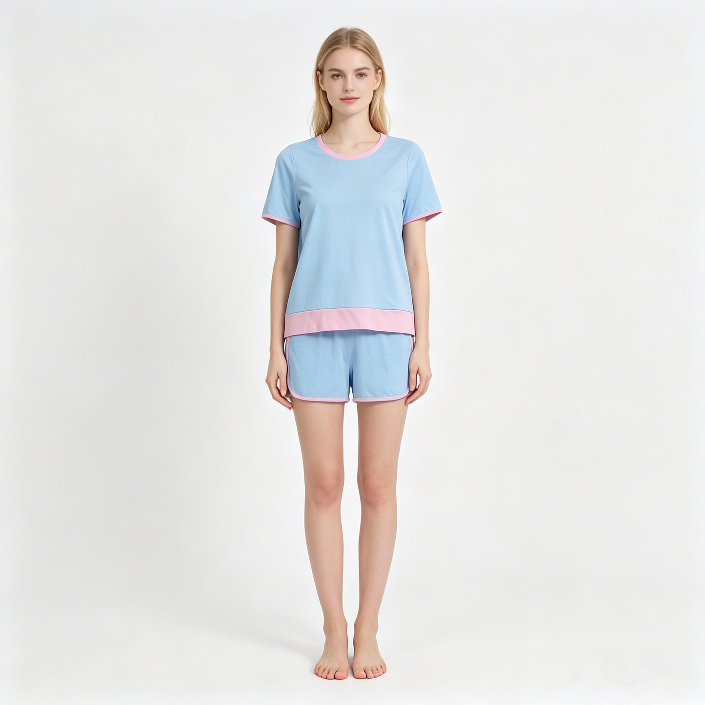 Adult Women Blue Short Sleeve Top Skirt Shorts Cotton Clothes Set