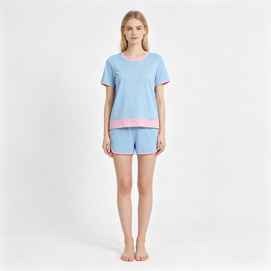 Adult Women Blue Short Sleeve Top Skirt Shorts Cotton Clothes Set