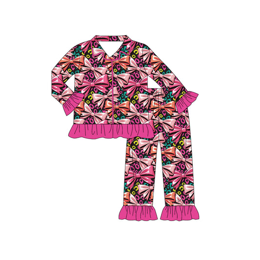 Preorder(moq 8)Baby Girls Hot Pink Leopard Bows Button Top Ruffle Pants Pajamas Sets