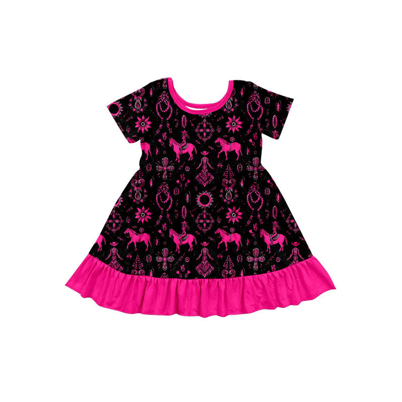 Preorder (moq 5)Baby Girls Turquoises Horse Rodeos Western Ruffle Knee Length Dresses