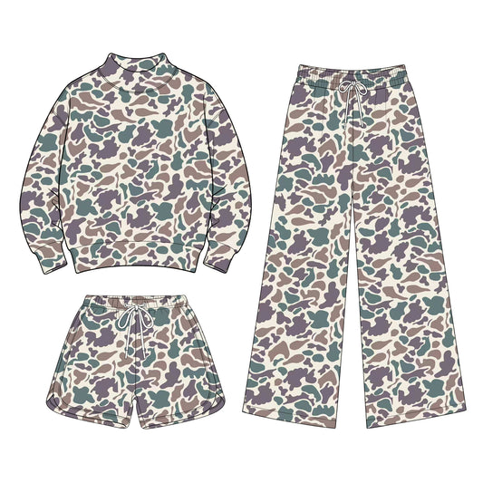Preorder (moq 5) Baby Girls Camo Shirt Shorts Flare Pants Three Pieces Clothes Sets