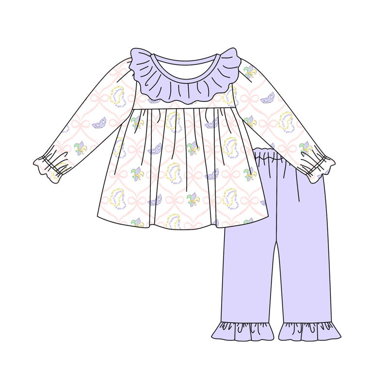 Preorder(moq 5) Baby Girls Bows Masks Checked Collar Tunic Ruffle Pants Mardigras Clothes Sets