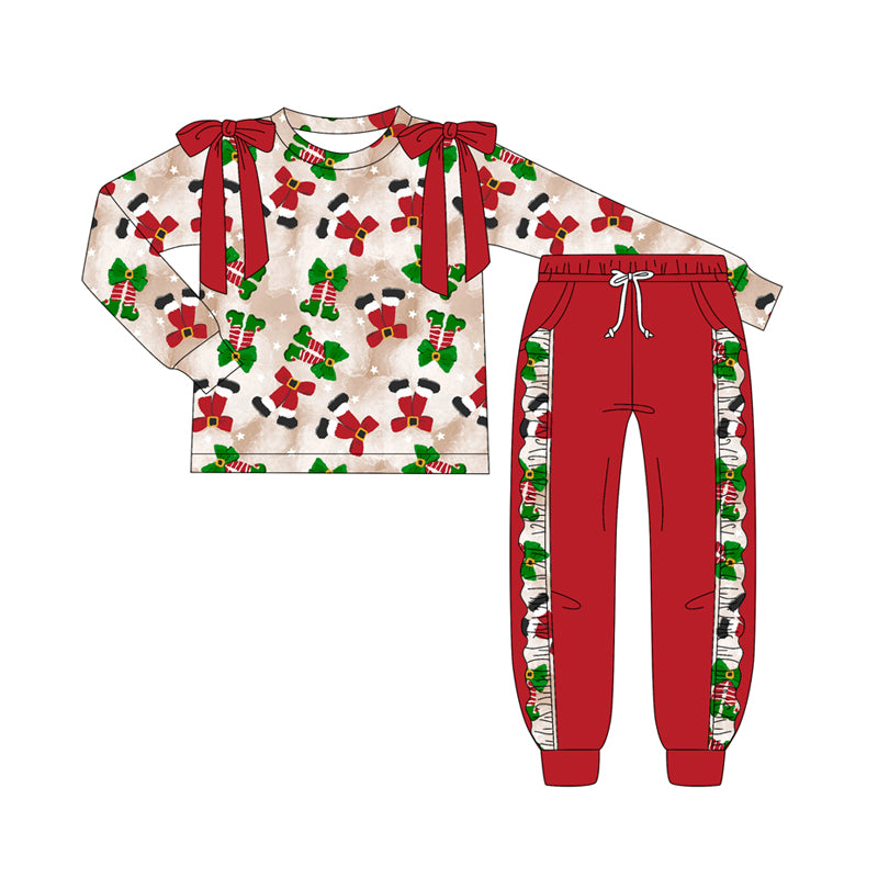Preorder (moq 5)Baby Girls Long Sleeves Red Green Bows Socks Top Pockets Legging Pants Set