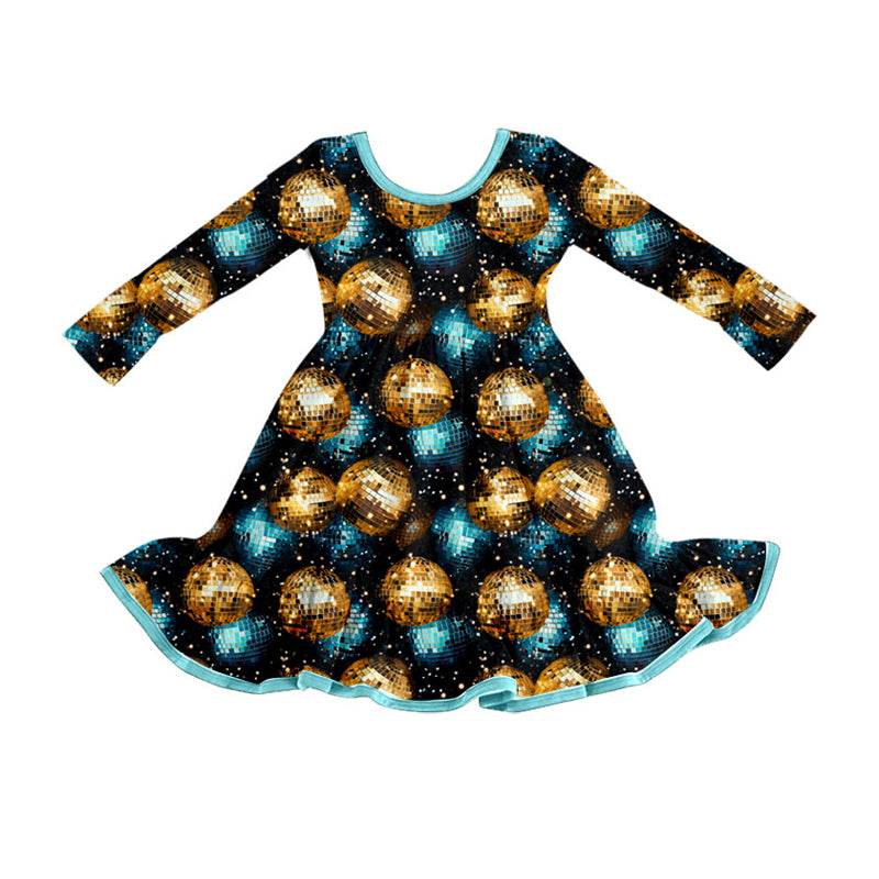 Preorder (moq 5)Baby Girls Gold Balls Happy New Year Ruffle Long Sleeves Knee Length Dress
