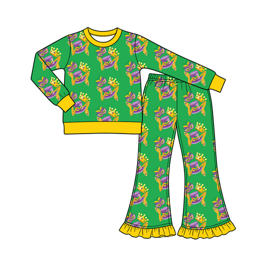 Preorder (moq 5) Baby Girl Clothes Mardi Gras Crown Mask Leopard Mixed Print Long Sleeve Flare Pant Set