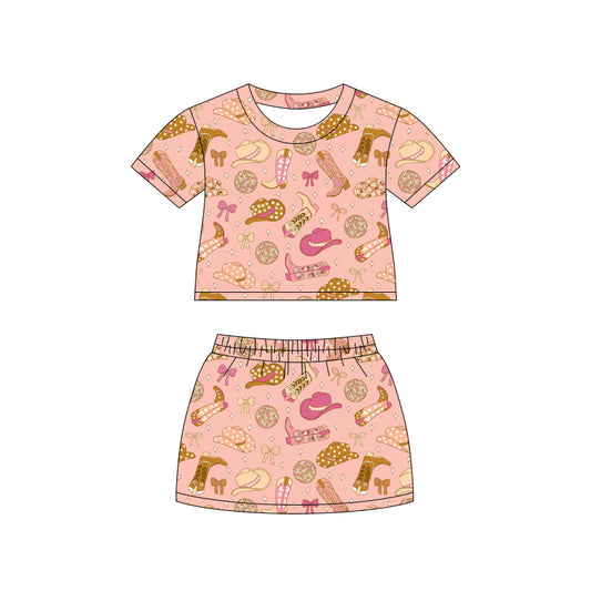 Preorder (moq 5)Baby Girls Hats Boots Bows Top Skirt Shorts Western Clothes Set