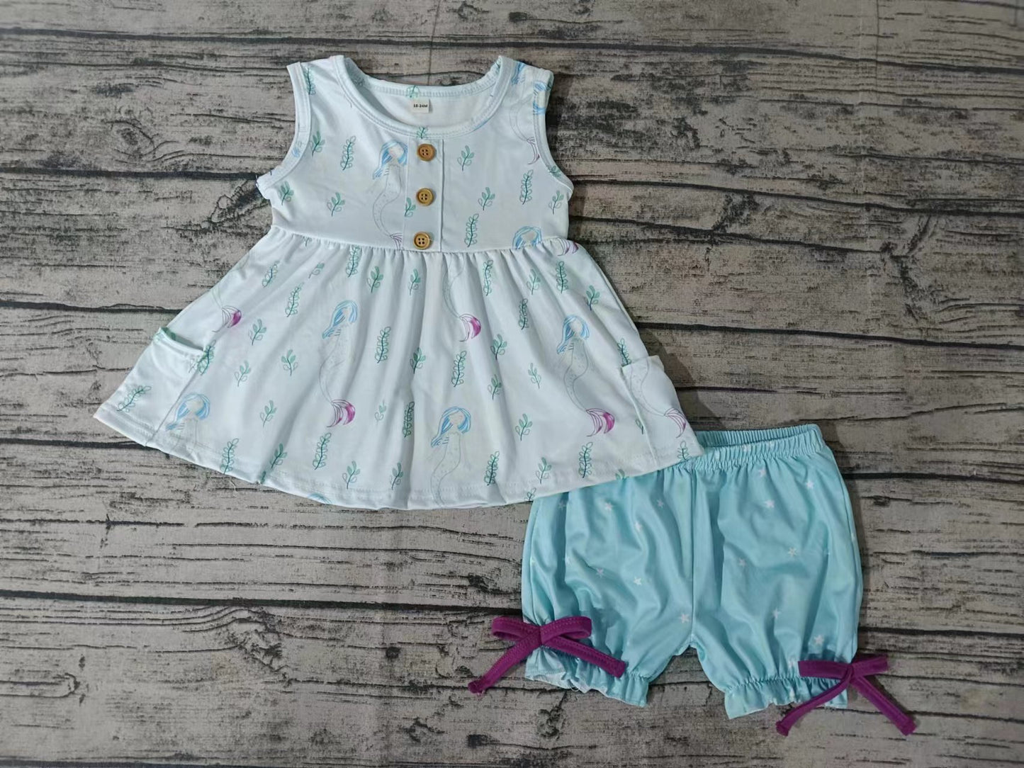 Baby Girls Mermaid Sleeveless Pockets Tunic Top Shorts Sets preorder (moq 5)