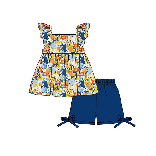 Preorder (moq 5)Baby Girls Flutter Sleeve Navy Orange Flowers Tunic Short Clothes Sets