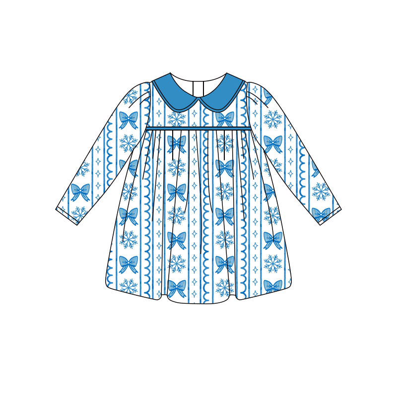 Preorder (moq 5)Baby Girls Bows Snowflakes Stripe Christmas Knee Length Dresses