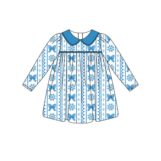 Preorder (moq 5)Baby Girls Bows Snowflakes Stripe Christmas Knee Length Dresses