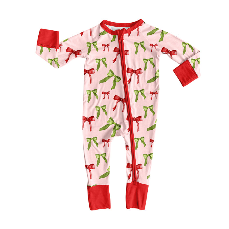 Preorder moq 5 Baby Infant Girls Long Sleeves Red Green Bows Plaid Zipper Rompers
