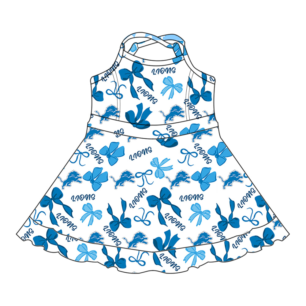 Preorder (moq 5)Baby Girls Blue Straps Lions Bows Plaid Ruffle Shorts Team Knee Length Dresses