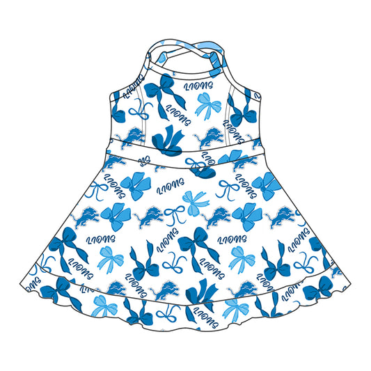 Preorder (moq 5)Baby Girls Blue Straps Lions Bows Plaid Ruffle Shorts Team Knee Length Dresses