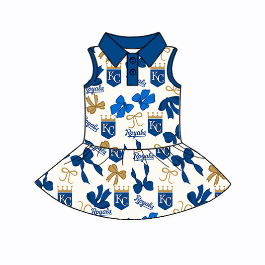 Preorder (moq 5)Baby Girls Hot Blue Sleeveless Bows Plaid KC Button Team Knee Length Dresses