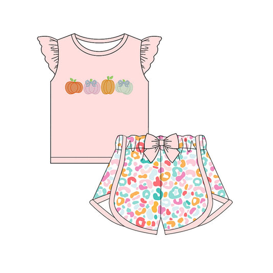 Preorder (moq 5)Baby Girls Pink Flutter Sleeves Bows Pumpkins Top Colorful Leopard Shorts Set